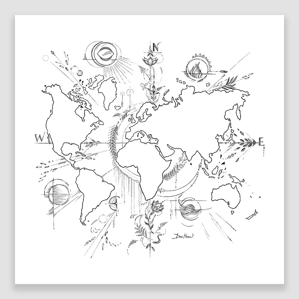 - Ručne kreslená grafika, ilustrácia, motív od slovenskej umelkyne Deni Minar; Kolekcia Kulturne Motivy - Mapa Sveta