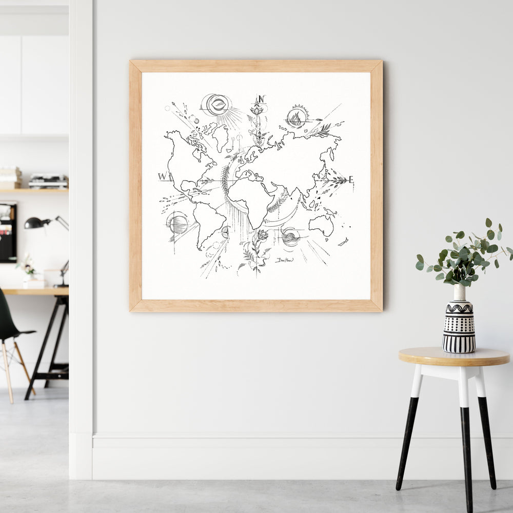 - Ručne kreslená grafika, ilustrácia, motív od slovenskej umelkyne Deni Minar; Kolekcia Kulturne Motivy - Mapa Sveta - Obraz v obývačke